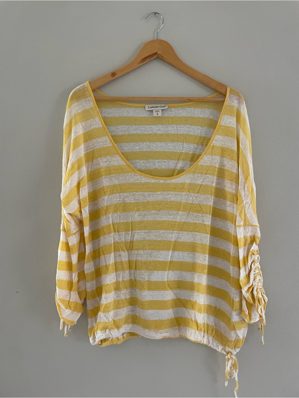 Coldwater Creek Yellow and White Striped Linen Scoop Neck Blouse
